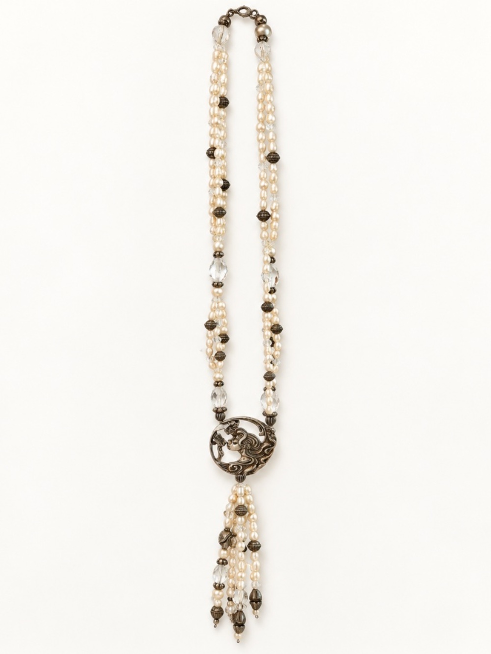 Vintage Sunya Currie Signed Pearl Art Nouveau Tassel Necklace